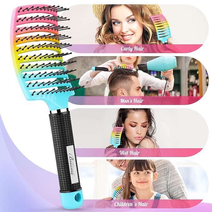 Curved Vented Paddle Brush - Faster Blow Drying, Detangling for Women & Men, Professional Styling for Wet, Curly, Thick or Straight Hair (colourful)