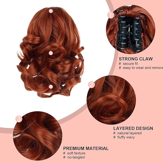 Ponytail Extension, Clip on Ponytails for Women, 9" Claw Clip in Short Curly Wavy Pony Hair Extension for Women - Auburn