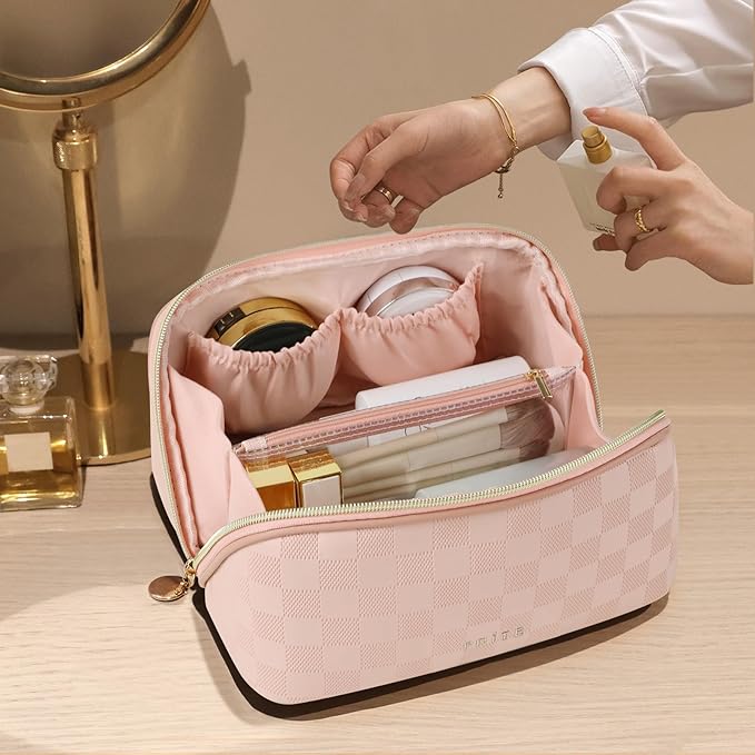 Prite Makeup Bag for Women Travel Waterproof Vegan Leather Cosmetic Bag Open Flat Toiletry Bag With Clear Divider and Handle (Plaid Pink)