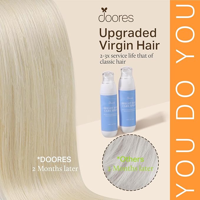DOORES Seamless Clip-In Hair Extensions, Real Human Hair, Platinum Blonde, 18 Inch, 7pcs, 110g, Straight, Invisi Edge