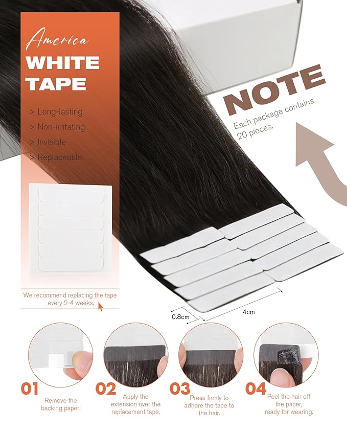 Sunny Hair Tape in Hair Extensions Real Human Hair Invisible Remy Hair Extensions Tape ins for Women Darkest Brown 24 inch 20Pcs 50G