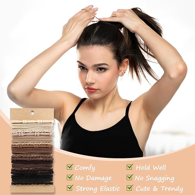 Boho Hair Ties, 20 PCS of 4 Styles Cute Bands for Thick or Thin Hair, No Damage Elastic Bracelets, Brown Hair Accessories for Girls and Women