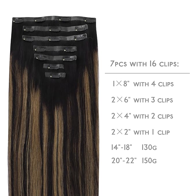 WENNALIFE Seamless Clip In Hair Extensions, 14 Inch 130g 7pcs Natural Black Mixed Chestnut Brown Hair Extensions Clip in Human Hair Invisible PU Skin Weft Natural Remy Human Hair Extensions
