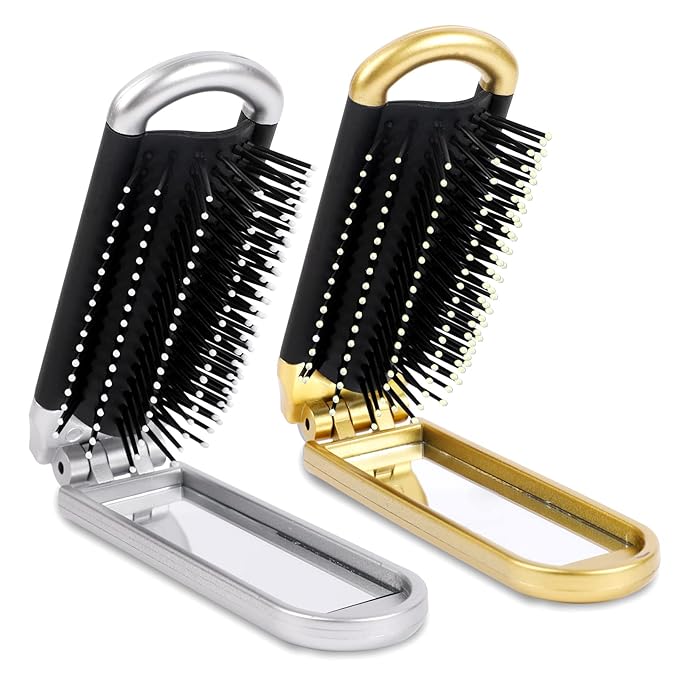 Sliverdew Travel Hair Brush, 2 Pcs Folding Hair Brush with Mini Mirror, Compact Hair Brushes Hair Styling Tools for Gym, Trip, Purse, Swimming, Silver & Gold