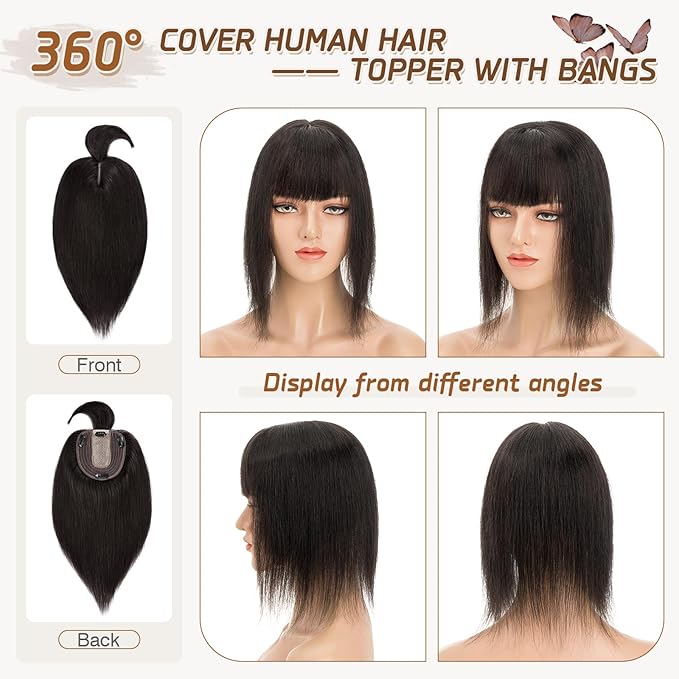Rich Choices Hair Toppers for Women Real Human Hairs With Bang 100% Remy Human Topper for Thinning Hair Clip in Silk Base Topper 10 Inch #1B Natural Black