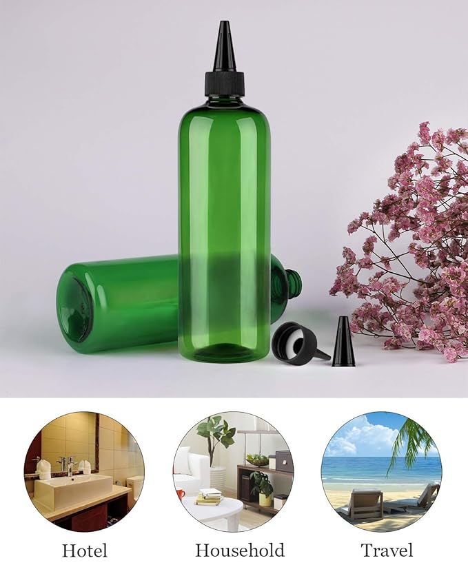 Squeeze Bottles for Hair - 16 Ounce Applicator 2 Pack, Green PET Plastic Refillable With Twist Top Cap for Hair Dye and Oil