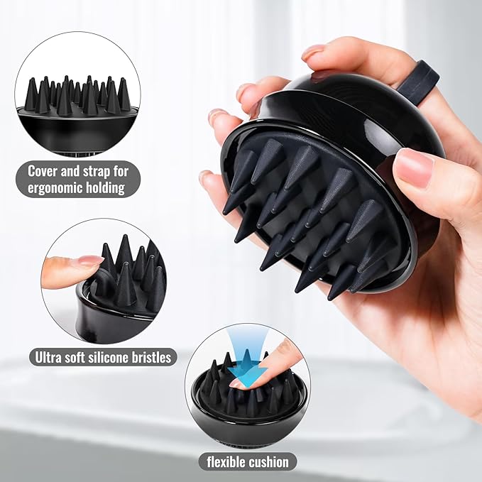 2 in 1 Scalp Massager Hair Growth,Scalp Scrubber with Soft Silicone Bristles for Dandruff Removal,Shampoo Brush for Exfoliation,Head Massager for Both Wet and Dry Use (Black)