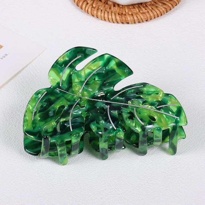 Hair Claw Clip Green Leaf Shape 3.5 Inch Hair Grip Clip French Design Women Girls Spring Hair Accessories Strong Hold for Thick Thin Hair