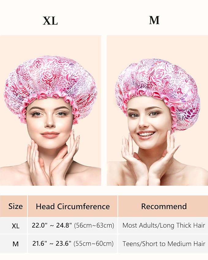 mikimini Medium Shower Cap for Women,Romantic Petal Design, Double Layer Waterproof, Reusable, Washable, High-quality, Floral Print