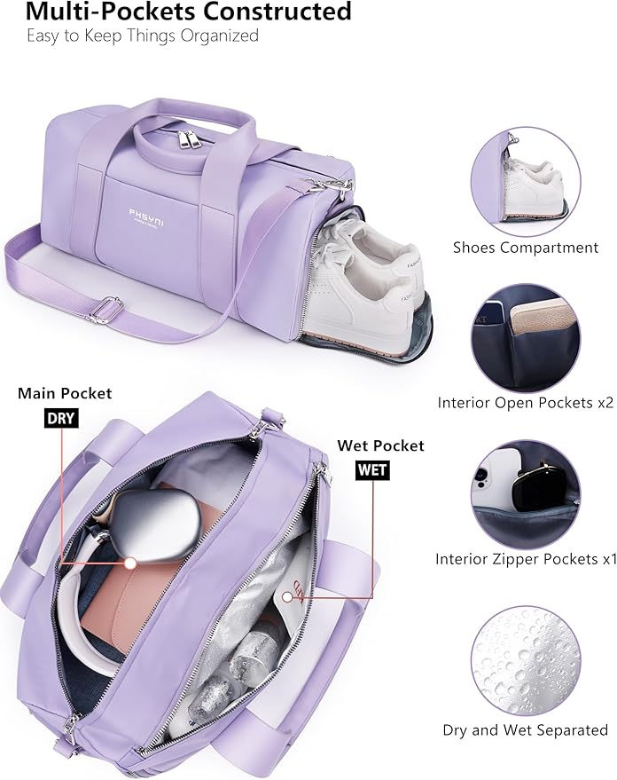 Small Sports Gym Bag for Women Girls Kids Duffle Bag for Fitness Workout, Travel, Dance, Ballet, Swim with Shoes Compartment & Waterproof Pocket, 16" Cute Purple