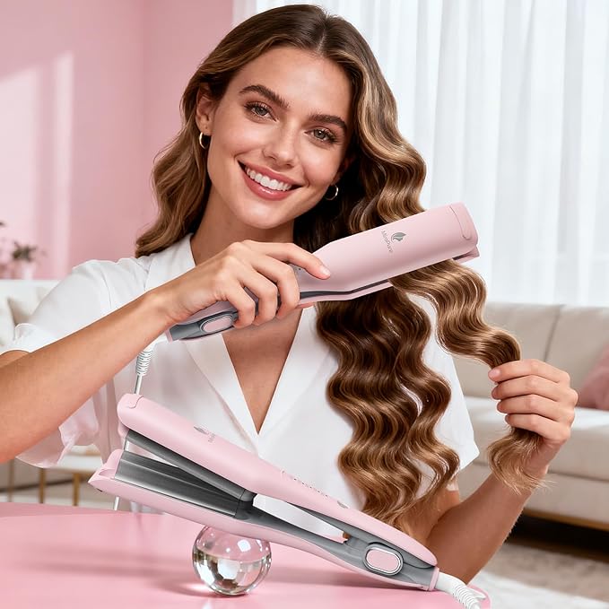 Curling Iron Hair Crimper Waver, MiroPure Waves Curling Wand 1 inch with 30S Fast Heating & PTC Heater, Deep Waver Hair Curler for Women, Dual Voltage, Pink