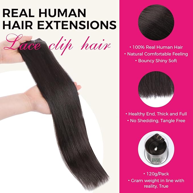Lashey Clip in Hair Extensions, Straight 16 Inch 7pcs #2 Dark Brown Remy Human Hair Extensions Natural 120g Thick Clip in Hair Extensions for Black Women