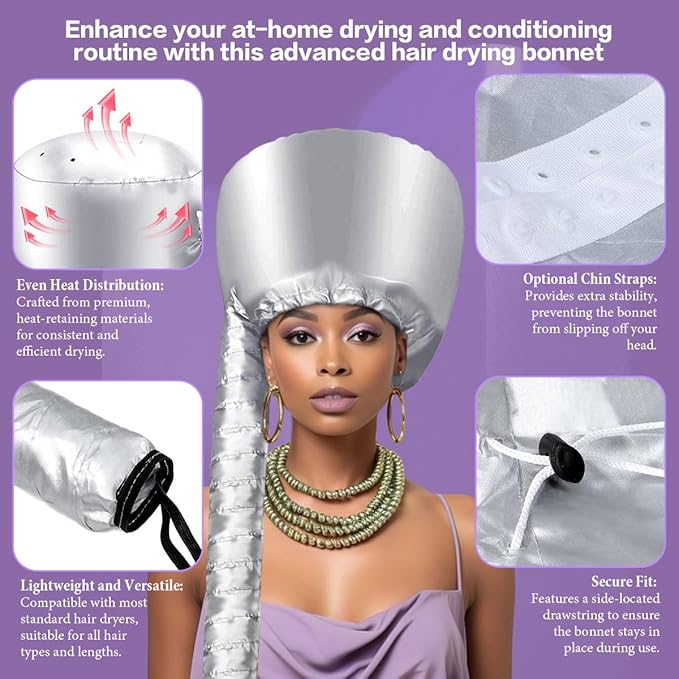 Hooded Hair Dryer Bonnet - Fast-Drying Bonnet Hair Dryer for Natural Hair, Deep Conditioning, Styling, & Curl Enhancing - Adjustable Fit, Heat Distribution, Portable & Lightweight for Travel（Silver）