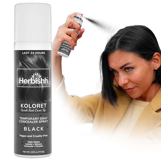 Herbishh Koloret Quick Root Touch Up Hair Color Spray Black (74.5g), Instant Gray & Black Root Cover Up, Temporary Hair Color Spray, Lightweight Non-Sticky Dye Mist, Travel Aerosol