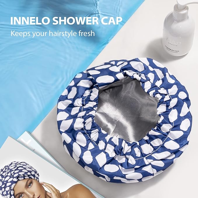 INNELO Luxury Shower Cap for Women Reusable Waterproof, Double Layered Shower Hair Cap with Adjustable Elastic Strap, Large Satin Lined Shower Bath Cap for Long Curly Straight Hair, Blue