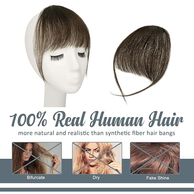 BARSDAR Real Human Hair Clip in Bangs - 100% Human Hair Clip in Bangs for Women - Brown Wispy Bangs Extensions Fringe with Temples Dyeable Real Hair Bangs Hairpieces - Brown
