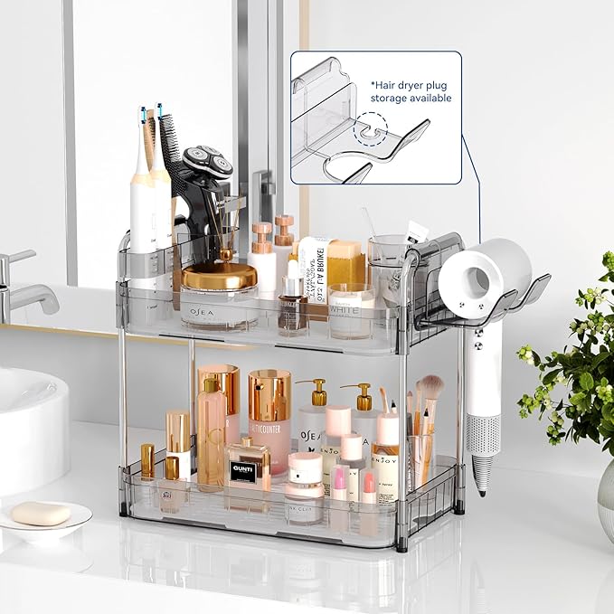 Bathroom Countertop Organizer,Makeup Counter Organizer With Hair Dryer Holder,Compatible with Dyson Blow Dryer,Electric Toothbrush And Toothpaste Holder,2-Tier Detachable Design,Transparent