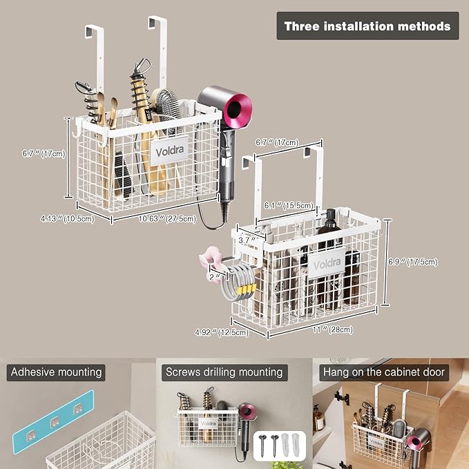 Voldra 2 Pack Hair Dryer Holder Cabinet Door, Adhesive Hair Tool Organizer Wall Mount Adjustable Height Blow Dryer Holder Under Sink for Flat Curling Iron, Hair Brush and Straightener(White)