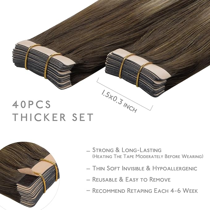 Wennalife Tape in Hair Extensions Human Hair, 40pcs 100g 20 inch Balayage Chocolate Brown to Honey Blonde Hair Extensions Real Human Hair Straight Tape in Extensions Reusable Real Hair Extensions