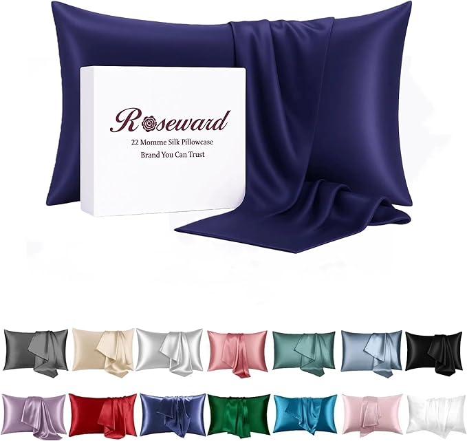 Pure Natural Mulberry Silk Pillow Cases with Zipper Made in USA, King Size, Luxury 22 Momme Silk Pillowcase for Hair and Skin, Hypoallergenic (Navy Blue, King)