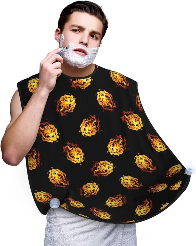 Stretchable Beard Cape, Non-Stick Hair Catcher for Trimming, Waterproof Grooming Apron, Burning Fire Flame On Black