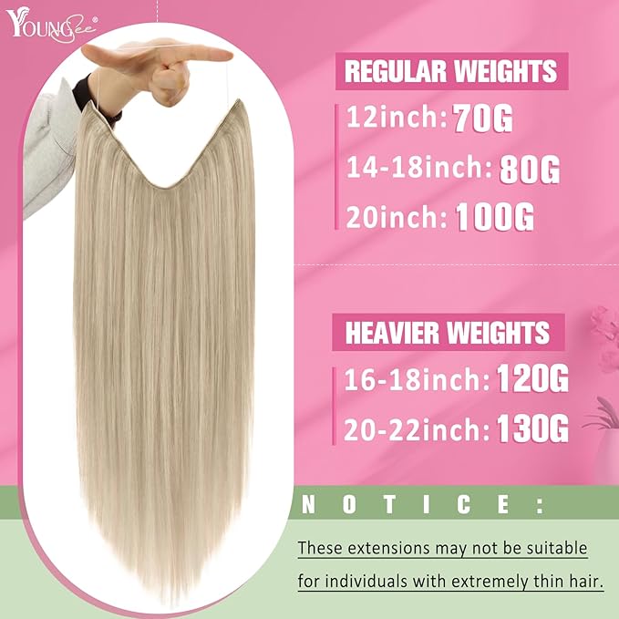 YoungSee 130g Wire Hair Extensions Ash Blonde Highlights Bleach Blonde Human Hair Wire Extensions Blend Naturally Fish Line Hair Extensions Real Human Hair 20Inch