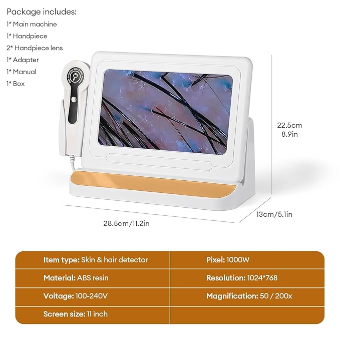 11 Inch HD Screen Scalp Analysis Machine with 50x/200x Lenses, Hair Scalp Analyzer & Microscope for Skin and Hair Follicle, No App Required, for Home & Salon Use