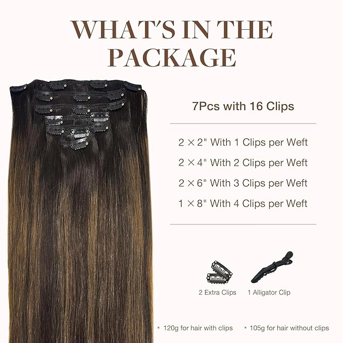 GOO GOO Clip in Hair Extensions Real Human Hair, Remy Human Hair Extensions Clip ins for Women, Natural Human Hair, 18inch 120g 7Pcs, 2/6/2 Balayage Dark Brown to Chestnut Brown