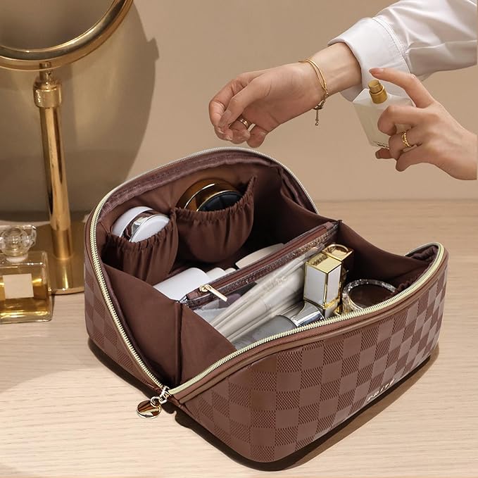 Prite Makeup Bag for Women Travel Waterproof Vegan Leather Cosmetic Bag Open Flat Toiletry Bag With Clear Divider and Handle (Plaid Brown)
