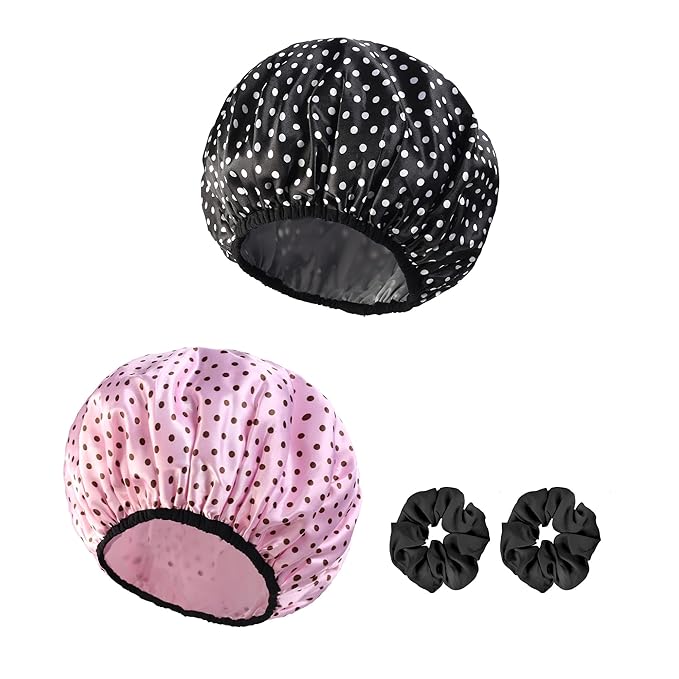 2-Pack Reusable Waterproof Shower Caps for Women, Double-Layer Elastic Bath hat,Extra Large Hair Cap for Long Curly Hair（Black, Pink）