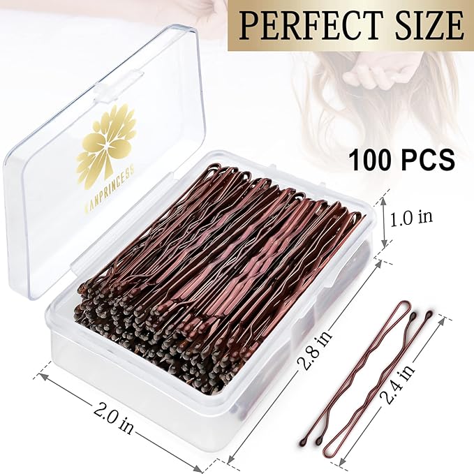 100PCS 2.4Inch Bobby Pins Brown,Pain-Free Bobby Pins for All Hair Types,Hair Pins for Women Girls,Hairpins for Buns with Box(Brown)