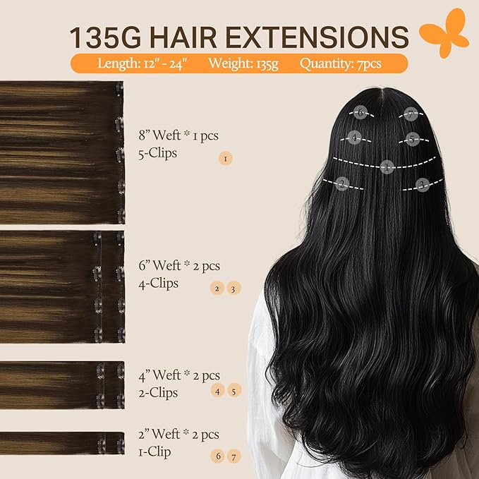 DOORES Hair Extensions Clip in Human Hair, Balayage Dark Brown to Chestnut Brown 16 Inch 7pcs 135g, Natural Remy Clip in Extensions Human Hair Straight