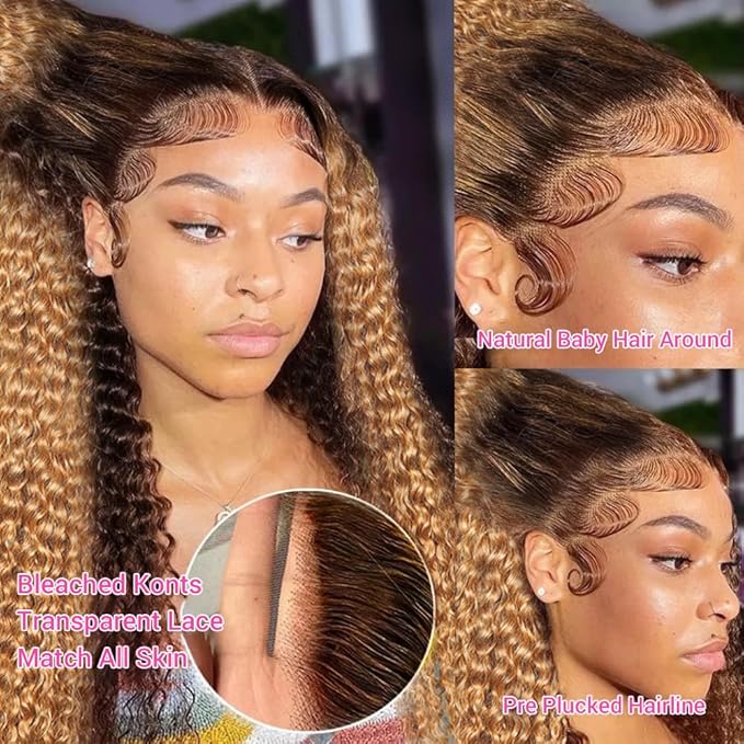 AMIRTY 360 Honey Blonde Water Wave Wig Human Hair 4/27 Highlight Curly Wig Pre Plucked Ombre Lace Front Wig Human Hair Deep Wave Lace Front Wig Colored Wigs 22Inch