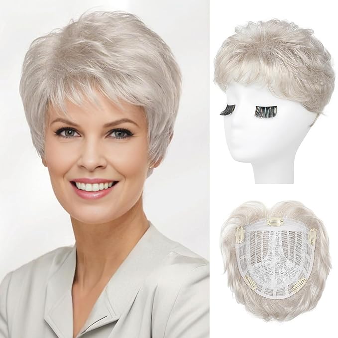 REECHO Hair Topper, Short Wiglet Hair Topper for Women with Thinning Large Coverage Synthetic Top Crown Hairpiece for Women (Pearl Platinum)