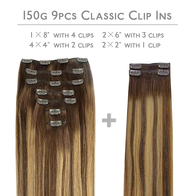 WENNALIFE Clip in Hair Extensions, 150g 14 Inch 9pcs Balayage Chocolate Brown to Caramel Blonde Remy Hair Thicker Double Weft Extensiones De Cabello Humano Con Clip Ins Straight Full Volume