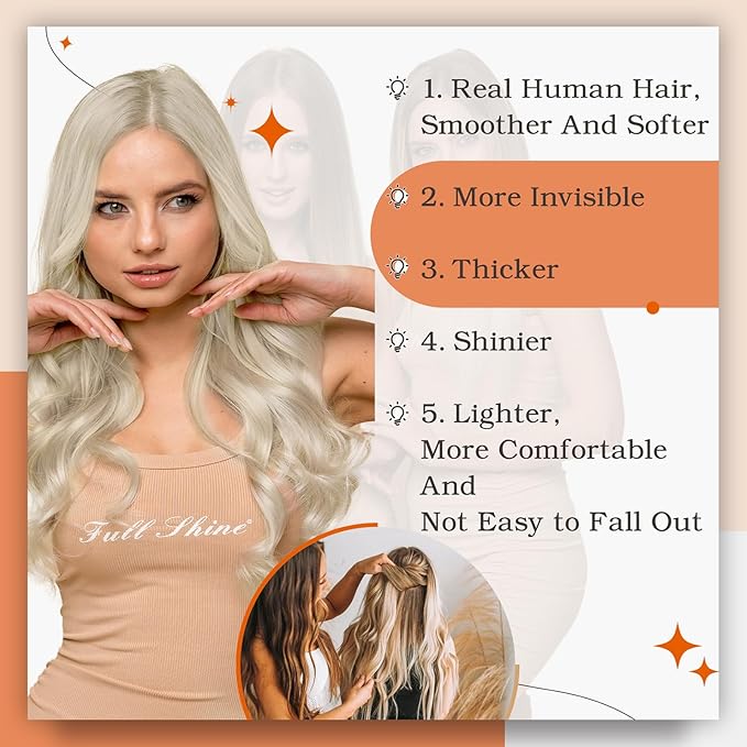 Full Shine Tape in Extensions 20 Inch Hair Extensions Real Human Hair Tape in Double Sided Seamless PU Human Skin Weft Color 613 Bleach Blonde Real Remy Extension 50G 20Pcs Natural Straight