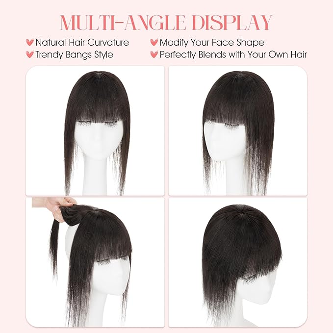 Hairro Mono Hair Toppers with Bangs, 3.4" x 3.4" Mono Base 100% Real Human Hairpieces for Women, 150% Density Clips In Topper for Greyish Thinning Hair, 20 Inch Natural Black