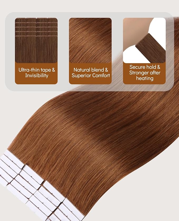 VINBAO Invisi Edge Tape in Hair Extensions Human Hair 14in 40g 20pcs Auburn Ginger Injected Tape in Hair Extensions Seamless Pro Quality Silky Straight 14inch #33