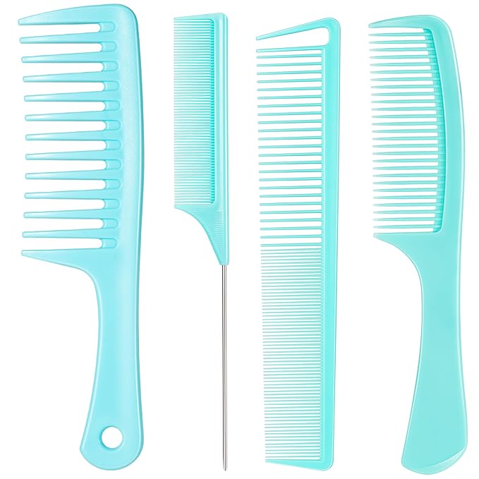 SALONSILK Mint Green 4PCS Professional Comb Set, Wide Tooth Rat Tail Fine Tooth Hair Combs, Braiding Cutting Barber Styling Curly Parting Set for Men and Women