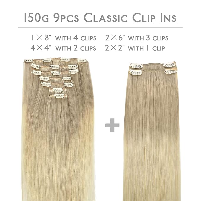 WENNALIFE Clip in Hair Extensions, 150g 20 Inch 9pcs Ash Blonde to Golden Blonde and Platinum Blonde Human Hair Extensions Thicker Clip in Hair Extensions Real Human Hair Clip Set Double Weft