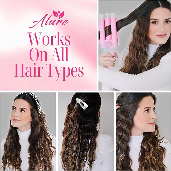 Alure Three Barrel Curling Iron Wand Hair Waver with LCD Temperature Display - 1 Inch Ceramic Tourmaline Triple Barrels, Dual Voltage Crimp (White/Pink)