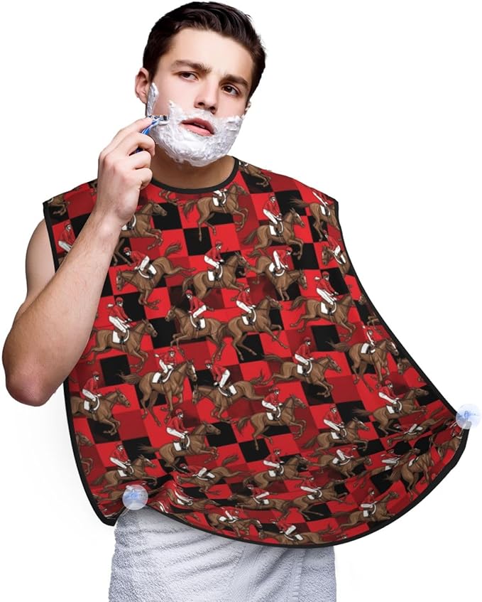 Beard Apron Hair Catcher, Running Horse Tartan Red Black Buffalo Plaid Checkered Shave Bib, Waterproof Non-Stick Shaving Bib, Trimming Grooming Tool for Dad Men Anniversary