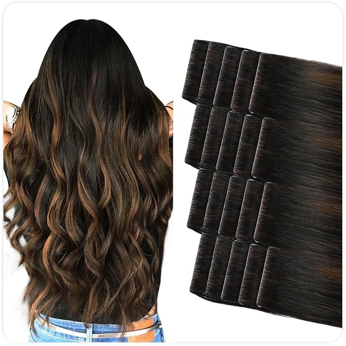 SUYYA Invisible Tape in Hair Extensions Human Hair Seamless Injected Hand-Tied Pro Virgin Human Hair Tape Ins Balayage Natural Black to Chestnut Brown 20PCS 40G/Pack Straight(14 inch #P1B/6/T1B)
