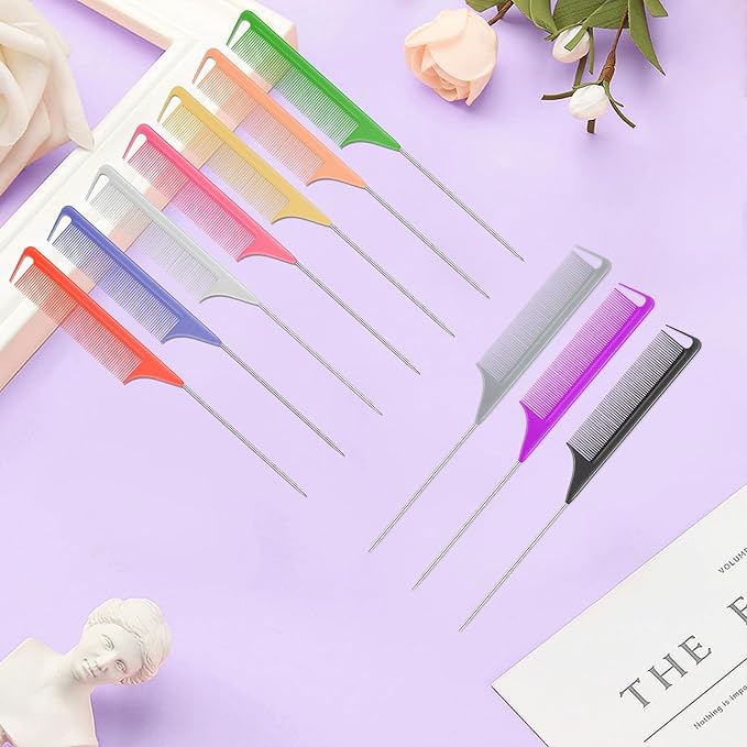 10 PCS Rat Tail Combs Set - Hair Teasing Fine Tooth Comb for Women Girls, Parting Comb for Braiding Hair Styling Tools & Appliances with Stainless Steel Pintail Carbon Fiber Heat Resistant