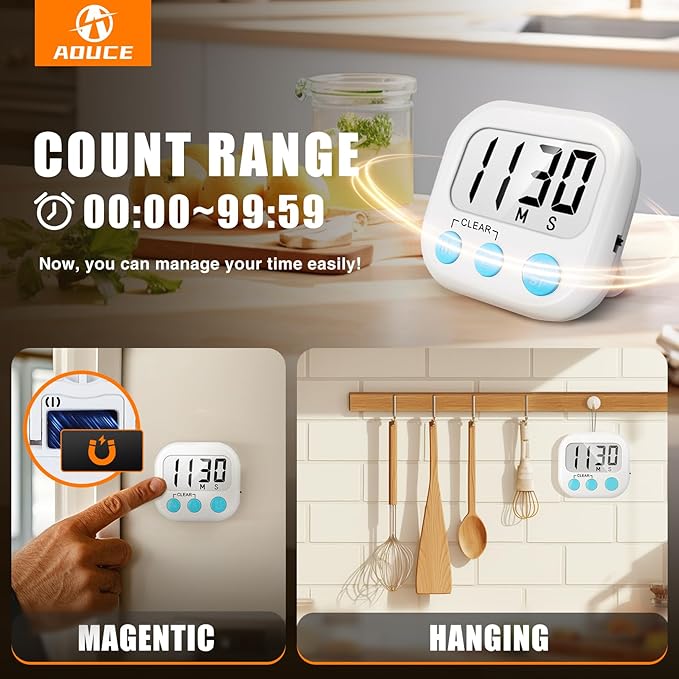 12 Pack Digital Kitchen Timers for Cooking Magnetic Timer for Cooking Loud Alarm White