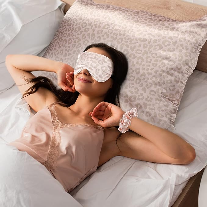 2 Pack Satin Pillowcase with Latent Zipper, Adjustable Satin Eye Mask for Sleeping and Satin Volume Scrunchie for Hair and Skin, Standard Size (Pink, Leopard Style)