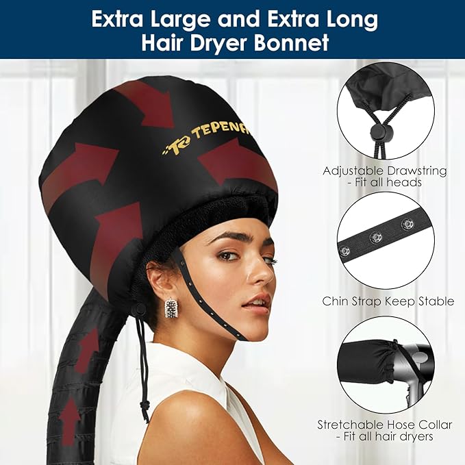 Hair Dryer Bonnet - Upgraded Extra Large Soft Adjustable Hooded Cap for Fast Hair Styling and Care