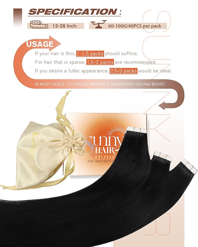 Sunny Hair Tape in Hair Extensions Human Hair 20inch Hair Extensions Real Human Hair Tape in Extensions for Women Jet Black Invisible Remy Hair Natural Straight Skin Weft Double Sided Tape 40pcs 100g
