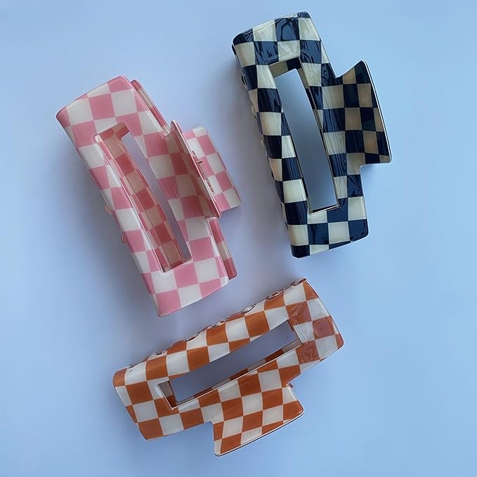3 Pack Checkered Hair Claw Clips, Large Checker Hair Catch Barrettes 4inch Hair Clamps Cute Hair Claw Hair Clips Hair Accessories for Thick Thin Hair for Women Ladies