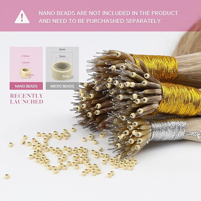 YoungSee 18inch Nano Ring Hair Extensions Human Hair Platinum Blonde Nano Beads Hair Extensions Human Hair Pre Bonded Nanoring Extension Blonde Nano-Tip Hair Extension 50grams 50strands for Wedding